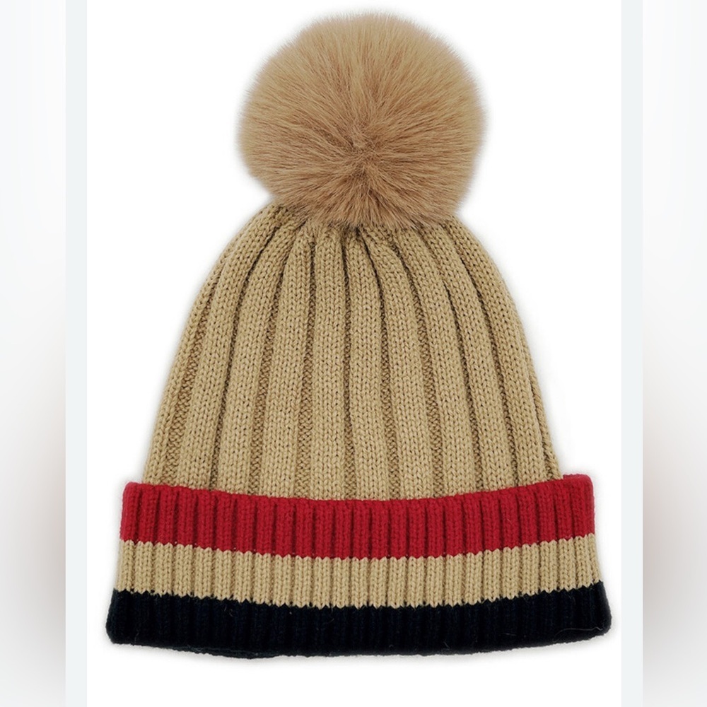 D&Y Rib Knit Beanie with Two Tone Cuff and Faux Fur Pom - Picture 5 of 5